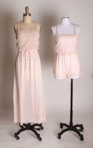 1970s Light Pink Nylon Romper Teddy w/Matching Night Gown & Robe 3-piece Lingerie Set by Lorraine - Fashionconservatory.com