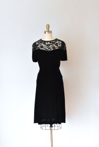 Olivia black silk velvet dress, lace 1940s dress, art deco 1930s dress - Fashionconservatory.com