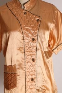 1940s Gold Yellow and Black Quilted Collar Pocketed Lingerie Pajama Top Blouse by Paulette New York  - Fashionconservatory.com