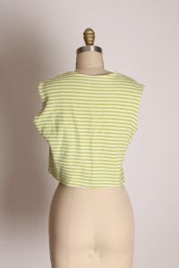 1950s Green and White Striped Knit Gold Button Sleeveless Crop Top Blouse - S - Fashionconservatory.com