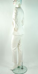1990s pantsuit white linen suit with long jacket slim pants military style Size 6 Linda Segal - Fashionconservatory.com