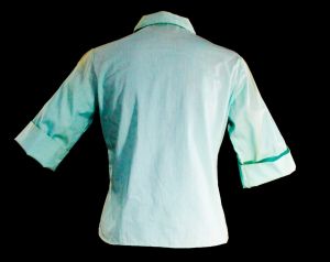 Size 6 1950s Aqua Blue Blouse - Tailored Cotton Top w Four Leaf Embroidery - Two Tone 50s 60s Small - Fashionconservatory.com