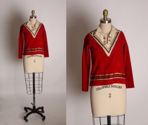 1950s Red, White and Black Gold Trim 3/4 Length Sleeve Pullover Patio Western Blouse - XS