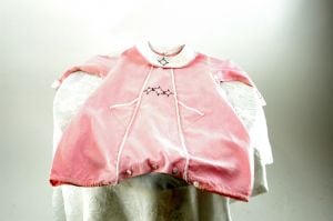1920s 30s child's romper pink linen bubble with embroiderery button crotch - Fashionconservatory.com