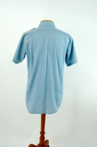 1970s vintage fireman uniform dress shirt blue with patches Size 16 neck short sleeve - Fashionconservatory.com