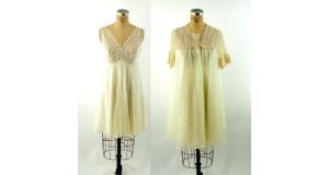 1960s chiffon sheer peignoir yellow beige babydoll nightgown and robe Shadowline Size M