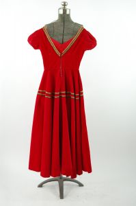 1950s patio dress red corduroy with gold green ric rac trim Size XS or teen or large girl's - Fashionconservatory.com