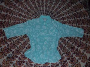 L-XL/ Vintage Blue Overshirt with Floral Pattern, Aqua Blue Button Up Blouse, Vintage Size 16 Petite