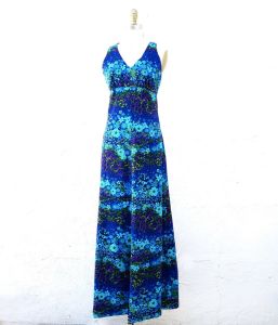 70s Floral Dress, Long Blue Boho Dress