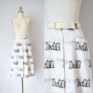 Summer 1970s novelty print skirt, 80s cotton skirt women, linen clothing for women