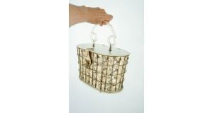 1950s basket cage purse with clear lucite top and textured gold and black vinyl insert - Fashionconservatory.com