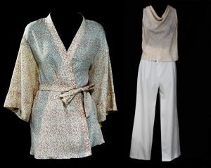 Size 6 Pant Suit - Small 1970s 80s Summer Chic Pantsuit - Breezy Kimono Jacket, Cowl Tank Top