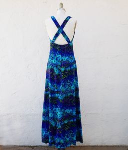 70s Floral Dress, Long Blue Boho Dress - Fashionconservatory.com