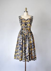 Paradise HAND BLOCKED 40s sundress, 1940s dress, rockabilly 1950s dress, novelty print - Fashionconservatory.com