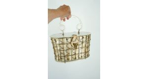 1950s basket cage purse with clear lucite top and textured gold and black vinyl insert