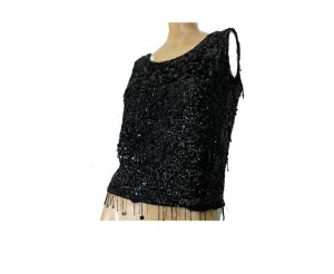 Beaded Black Vintage 1950s Sweater Shell Tank Top Sequins & Fringe - As Is