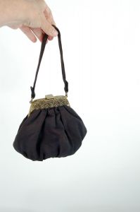 1940s black silk purse evening back pouch bag with brass filigree frame - Fashionconservatory.com