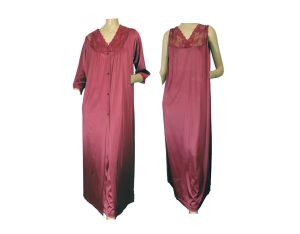 Vintage 70s Negligee Set Nightgown & Robe by Pinehurst Long Peignoir Raspberry Pink Lace Trimmed M/L