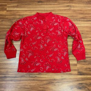 1990's Vintage Unisex Red Cotton Bandana Print Henley | Single Stitch | Chest 42'' | Rockabilly