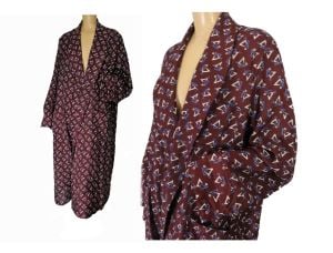 Men's Vintage 50s Robe/Dressing Gown/Smoking Jacket Men's Maroon Art Deco Print Kimono