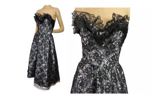 1980s Prom Black Lace and Silver Lame Party Dress Strapless Cocktail Gown