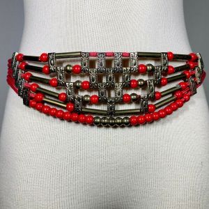 L Vintage 80s Red Metal Chunky Glam Rocker Adjustable Fashion Statement Belt