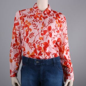 Vintage 1970s Pink Red Bold Floral Vine Nylon Button Up Blouse Shirt | L - Fashionconservatory.com