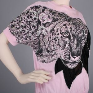 Vintage 1980s Great Directions Pink Leopard Glitter Sparkle Oversize Batwing Tee Shirt | OS - Fashionconservatory.com