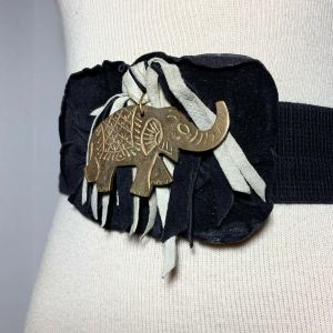 OS Vintage 80s IONE Black Bohemian Elephant Chunky Elastic Stretch Statement Belt - Fashionconservatory.com