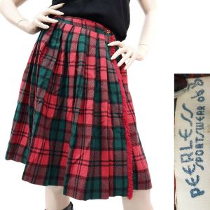 Vintage 1950s Peerless Plaid Wrap Skirt Wool Red Kilt High Waist Pleat 50s | S
