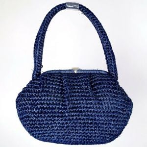 Vintage 1950s FORSUM Blue Straw Raffia Woven Frame Large Purse Handbag - Fashionconservatory.com