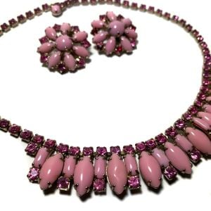 Vintage 1950s Pink Rhinestone Choker Necklace Clip Earrings Matching Set Rare - Fashionconservatory.com