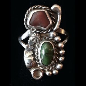 Vintage NA 50s era Green Turquoise Spiny Oyster Sterling Silver Ring 7 Hippie Festival