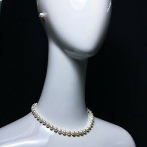 Vintage Estate 40s era Genuine Cultured Pearl Necklace Earrings Set 10K White Gold Clasp 16” - Fashionconservatory.com