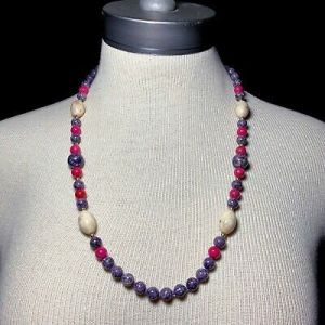 Vintage Purple Pink Jasper Stone Bead Necklace Porcelain Hand Knotted 25'' - Fashionconservatory.com
