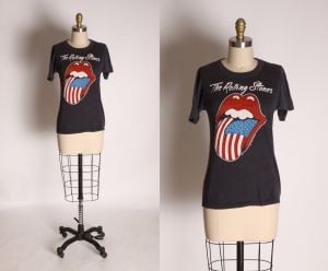 1981 1980s Black, Red, White & Blue Tongue American Flag Rolling Stones North American Tour T-Shirt