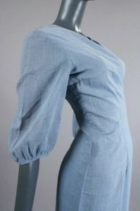 Vintage 1950s Adrian Tabin Blue Chambray Lace Pencil Dress Cotton | L - Fashionconservatory.com
