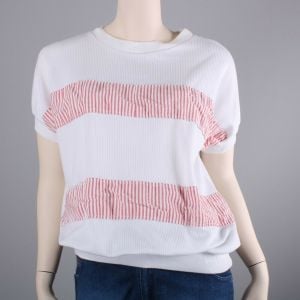 Vintage 80s White Peach Seersucker Casual Ribbed Loose Short Sleeve Top Shirt | L/XL - Fashionconservatory.com