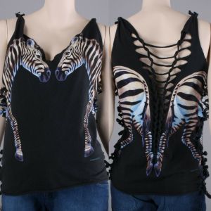 L Vintage 1990s Habitat Slashed Realistic Zebra Wrap Around Cut T Shirt Top 90s - Fashionconservatory.com