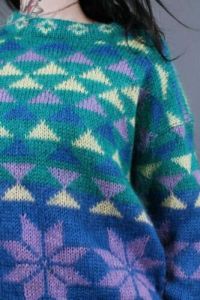 Vintage 1980s Green Purple Mohair Sweater Graphic Snowflake Poinsettia | M/L - Fashionconservatory.com