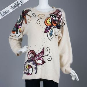 Vintage 1980s Lisa Ashley Sequin Batwing Shirt Long Sweater Silk Soft Angora Disco | M to XL