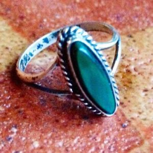 Size 5.5 Vintage 1940s Malachite or green turquoise Sterling Silver Pinky Ring