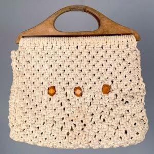 Vintage 1970s Ivory Macrame Wood Bead Top Handle Clutch Purse Handbag - Fashionconservatory.com