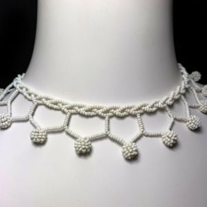 Vintage Antique Victorian Era Glass Seed Bead Lace Wedding Choker Necklace 16''