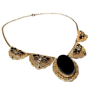 Vintage Antique 1900s Victorian Gold Gilt Onyx Black Jet Mourning Necklace - Fashionconservatory.com