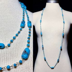Vintage 70s Garden of the Gods Southwest Blue Murano Art Glass Necklace Long 47''