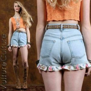 Vintage 90s Floral Ruffle Super High Waist Denim Jeans Shorts by California Concepts | XS/S 