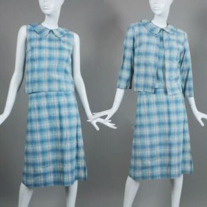 XS/S Vintage 1940s 3 Piece Blue Plaid Cotton Set w/Skirt, Top & Jacket - Fashionconservatory.com