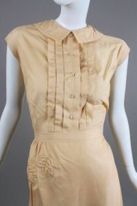 L Vintage 1950s Ivory Tan Embroidered SILK Dress Skirt Top Set by Susan Thomas - Fashionconservatory.com
