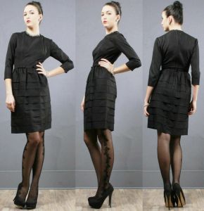 XS/S Vintage 1950s Black Mini Wiggle Dress Grosgrain Satin Pencil Tiered Bow - Fashionconservatory.com